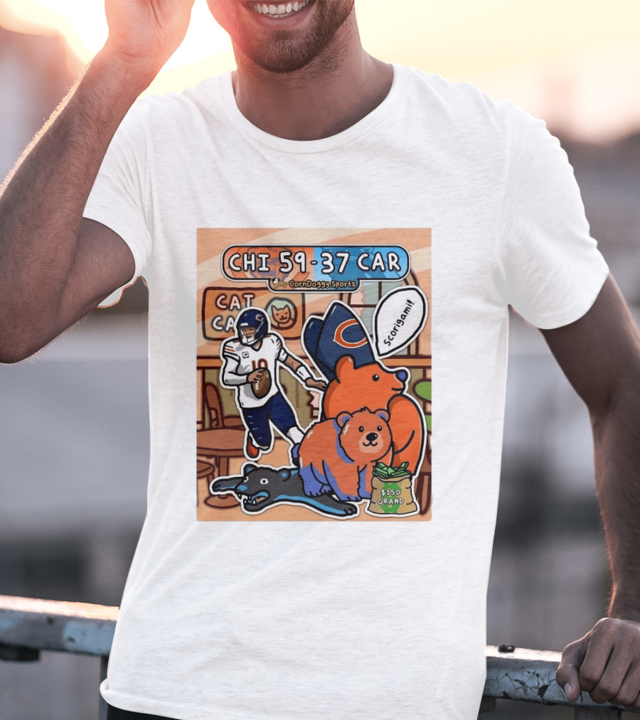 CHI 59 37 CAR CornDoggy Sports Chicago Bears Vs Carolina Panthers Scorigami Cat Café $150 Grand T-Shirt