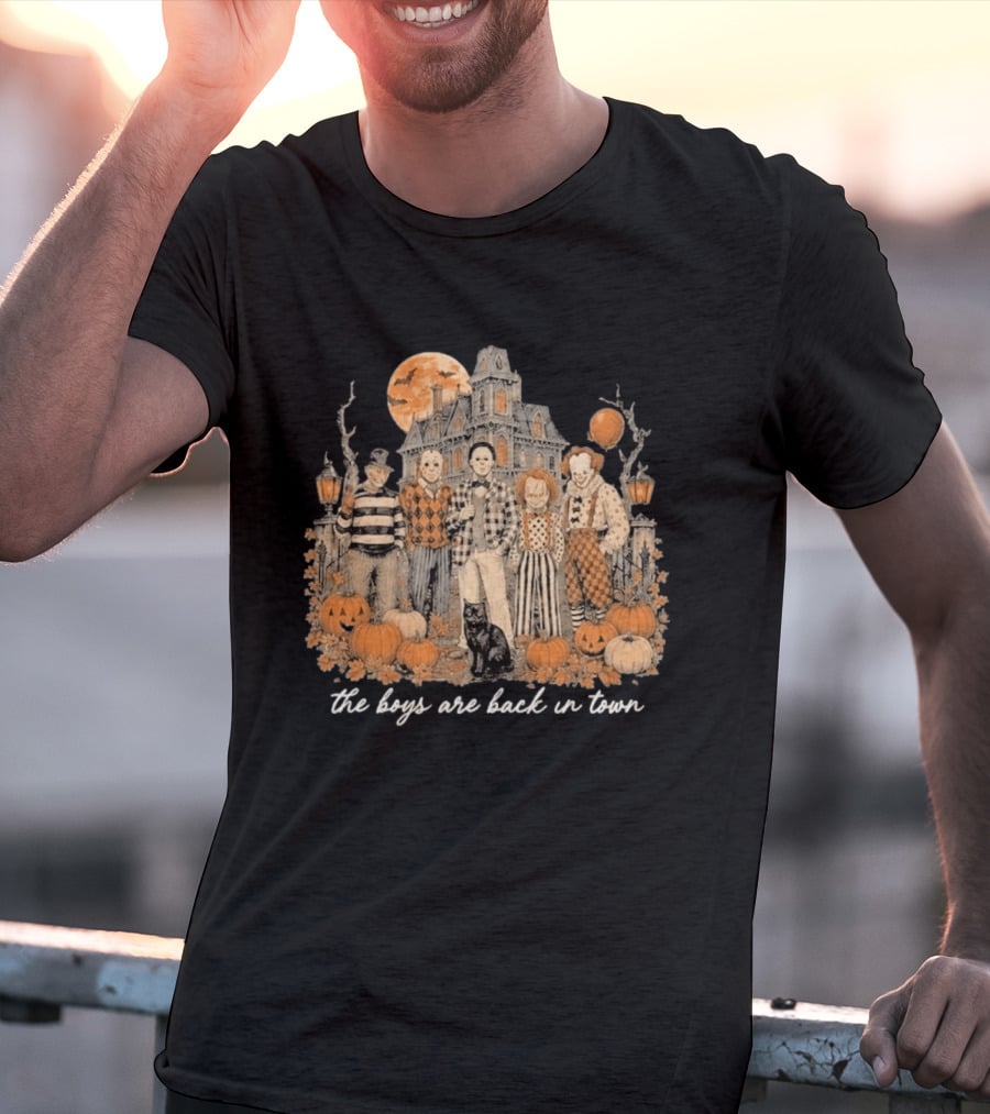 Halloween Horror Characters The Boys Are Back In Town Haunted House Pumpkin Patch T-Shirt
