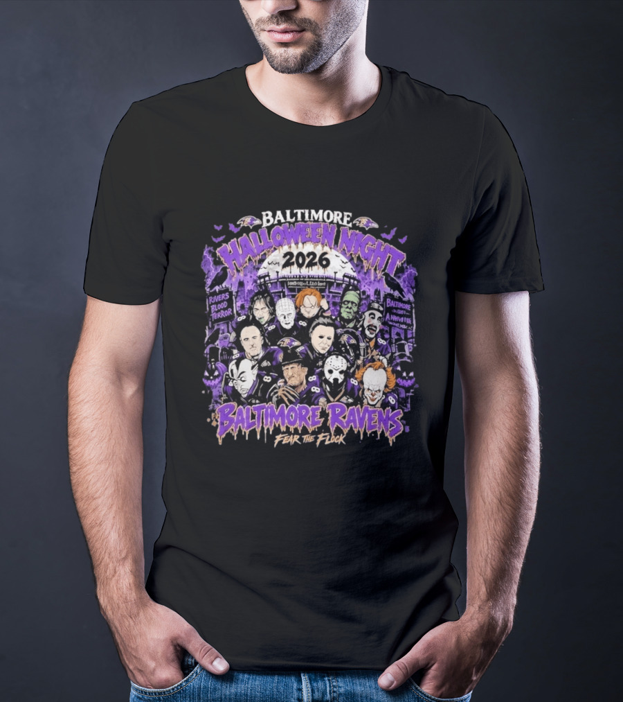 Baltimore Ravens 2026 Halloween Night Horror Characters Fear The Flock T-Shirt