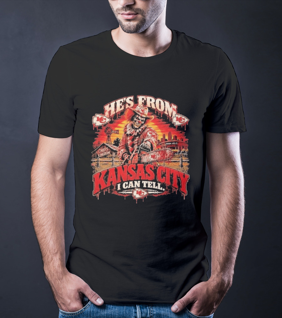 Kansas City Chiefs He's From Kansas City I Can Tell Horror Kingdom NFL Chiefs Logo Scary Chainsaw T-Shirt