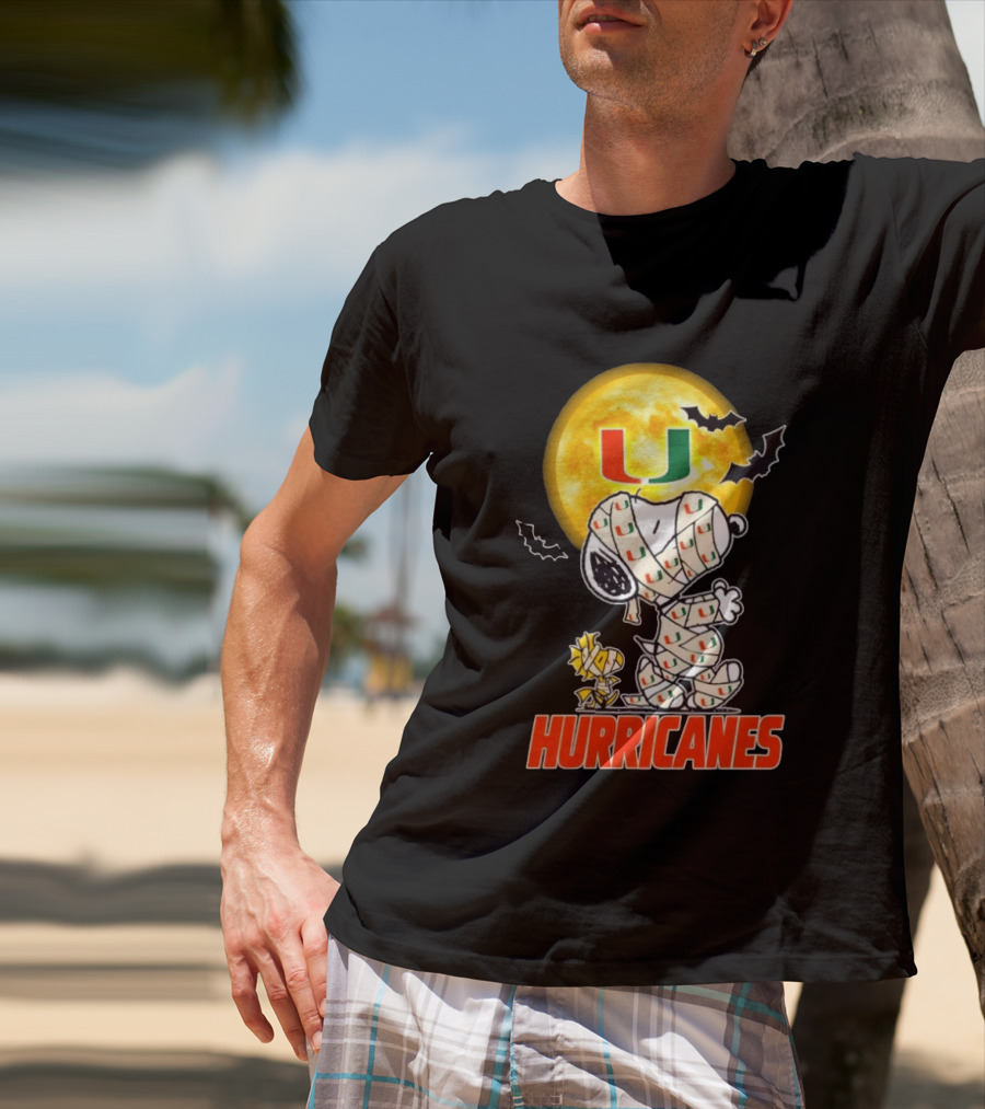 Miami Hurricanes Snoopy Woodstock Mummy Halloween Moon Bats T-Shirt