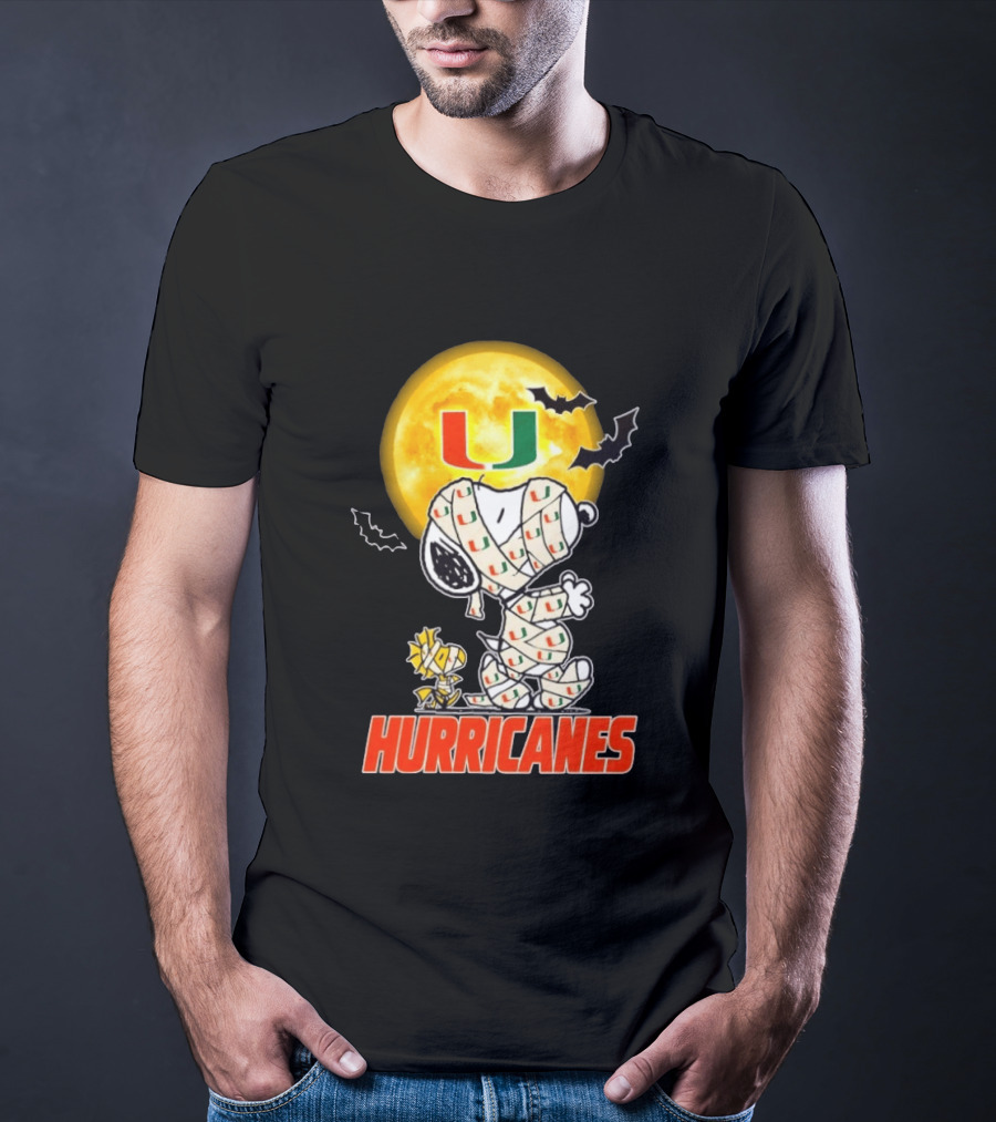 Miami Hurricanes Snoopy Woodstock Mummy Halloween Moon Bats T-Shirt