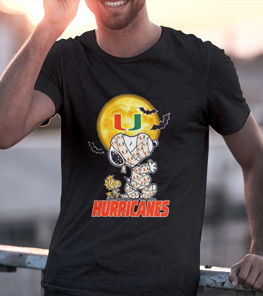 Miami Hurricanes Snoopy Woodstock Mummy Halloween Moon Bats T-Shirt