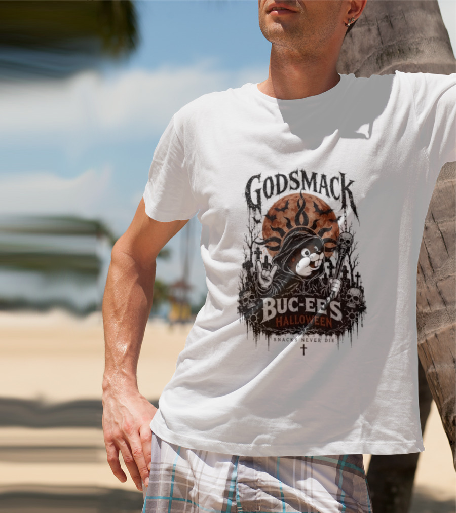 Godsmack Buc Ee's Halloween Snacks Never Die Skulls And Sun T-Shirt