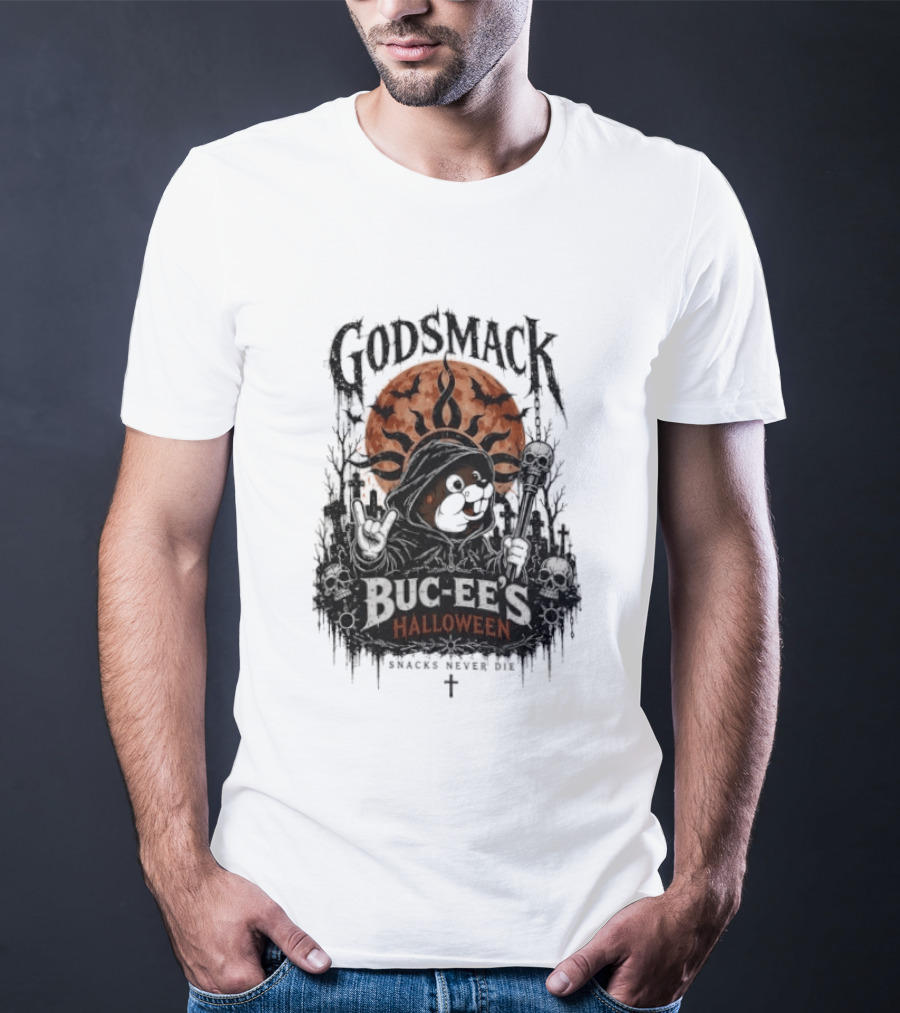 Godsmack Buc Ee's Halloween Snacks Never Die Skulls And Sun T-Shirt