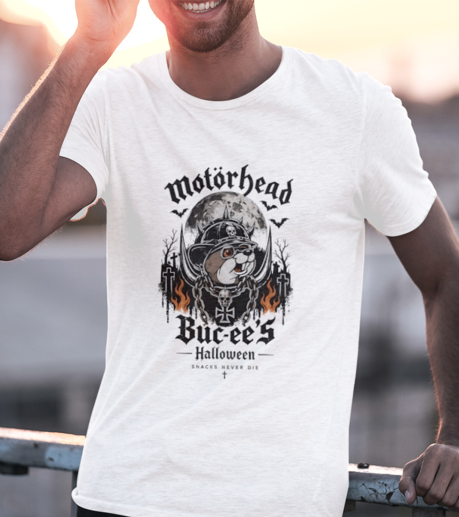 Motorhead Buc Ee's Halloween Snacks Never Die Ghostly Flames Moon Bats T-Shirt