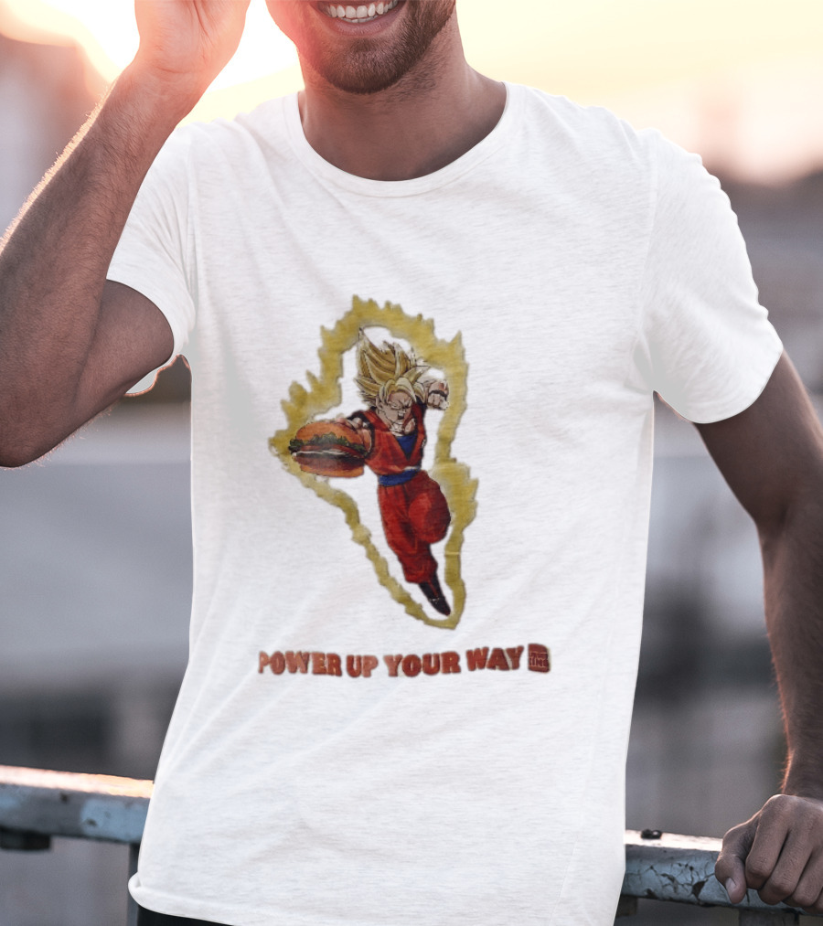 Burger King Power Up Your Way Super Saiyan Goku Holding Cheeseburger Aura T-Shirt