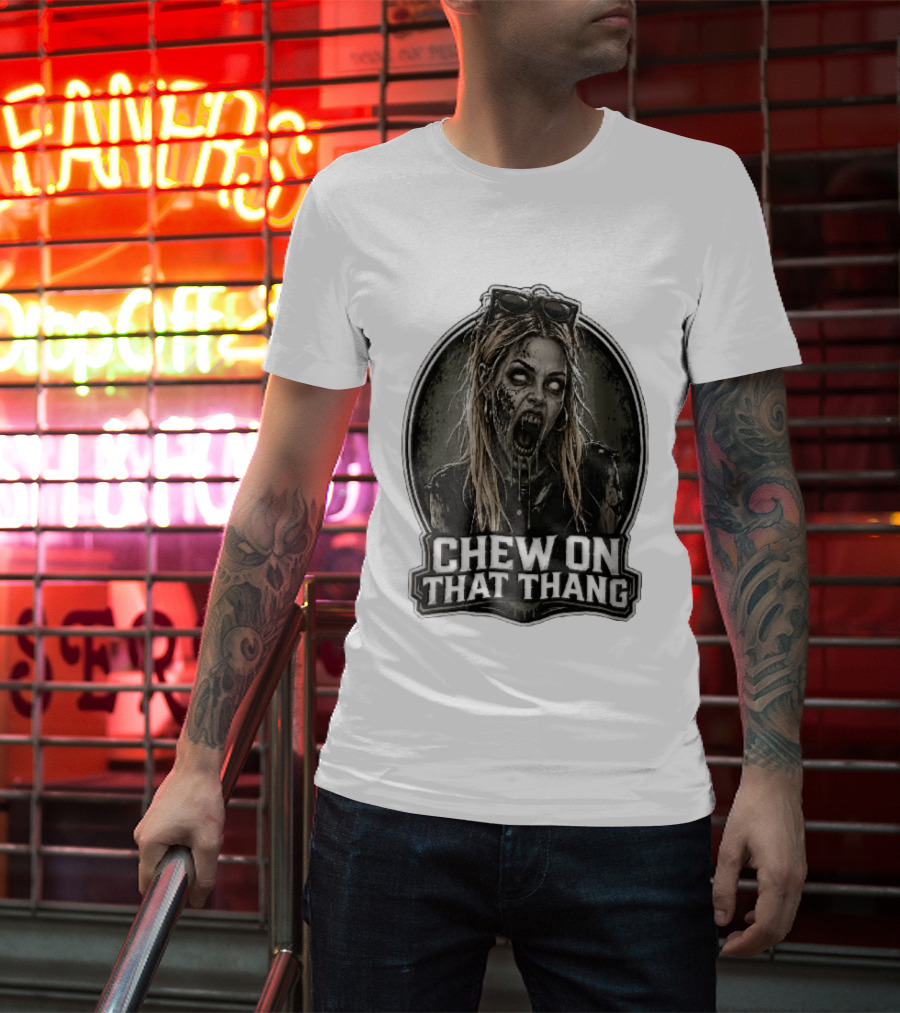 Chew On That Thang Zombie Blonde Woman Open Mouth Green Slime Sunglasses T-Shirt
