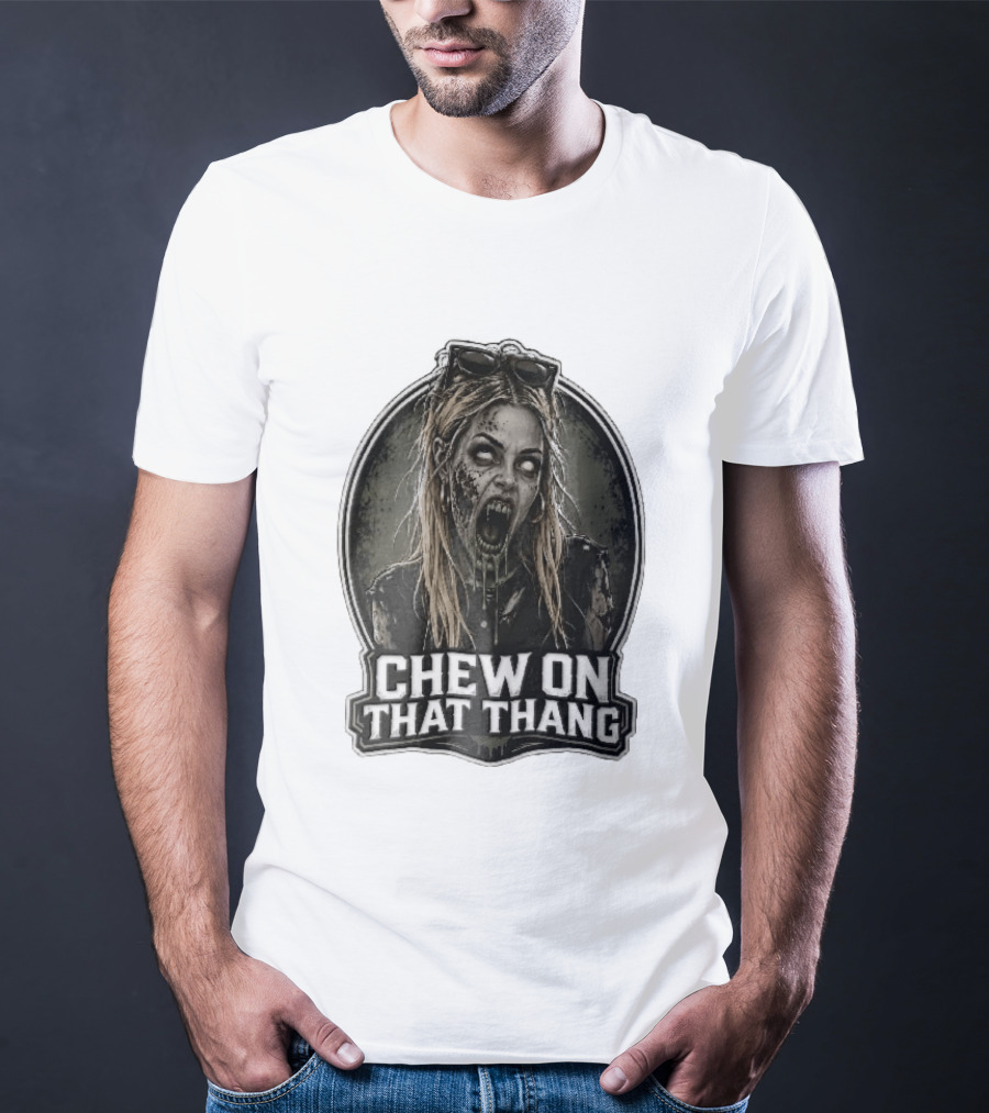 Chew On That Thang Zombie Blonde Woman Open Mouth Green Slime Sunglasses T-Shirt