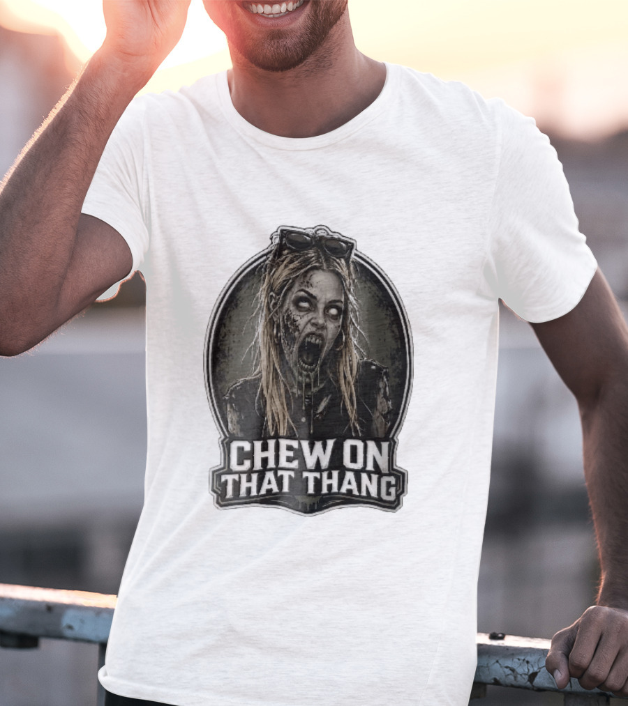 Chew On That Thang Zombie Blonde Woman Open Mouth Green Slime Sunglasses T-Shirt