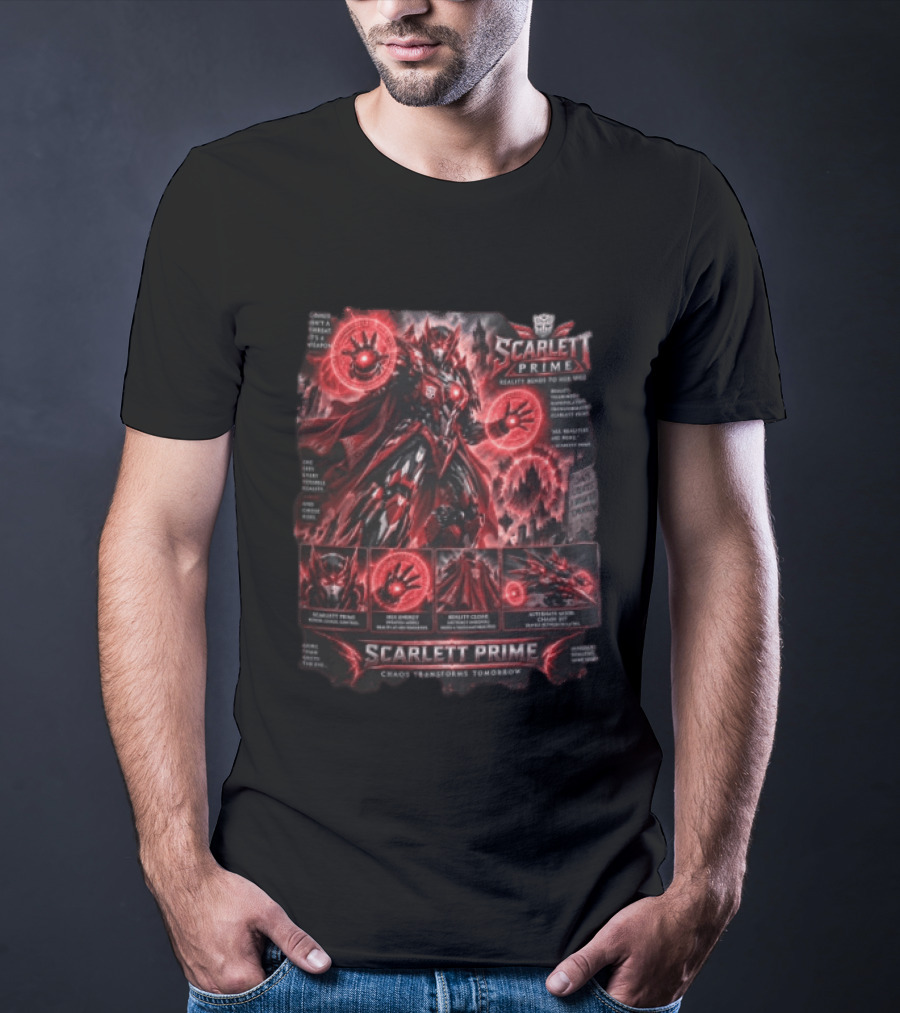 Scarlett Prime Reality Bends Red Mecha Chaos Transforms Tomorrow Jet Hex Magic T-Shirt