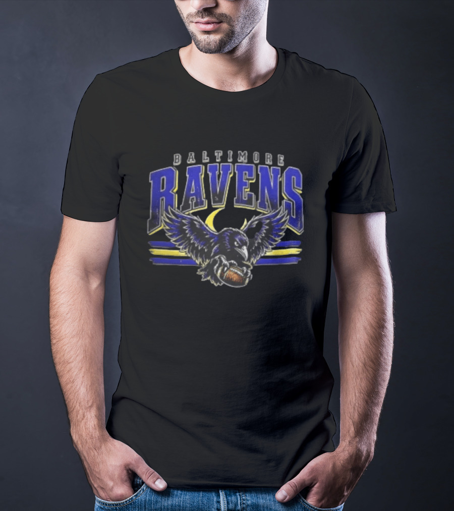 Baltimore Ravens Distressed Flying Bird Holding Football With Stripes T-Shirt
