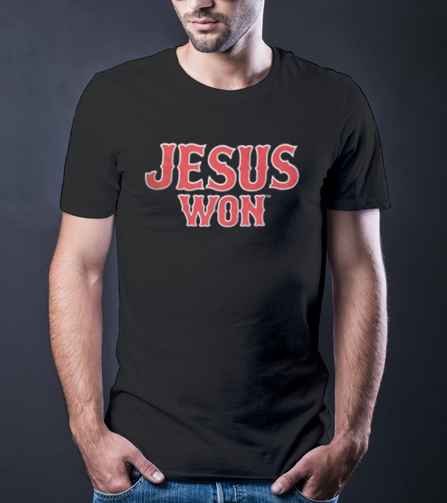 Boston Red Sox MLB Jesus Won Block Lettering Navy White T-Shirt