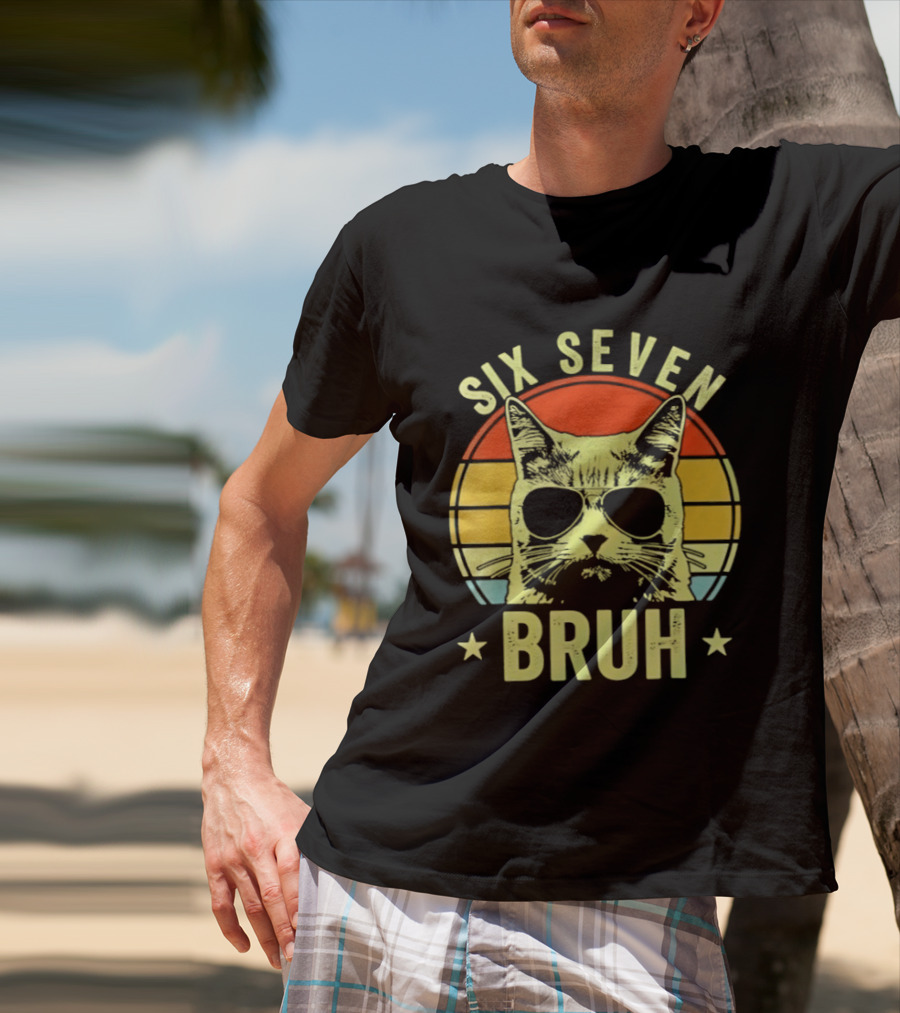 Six Seven Bruh Retro Cat Sunset T-Shirt