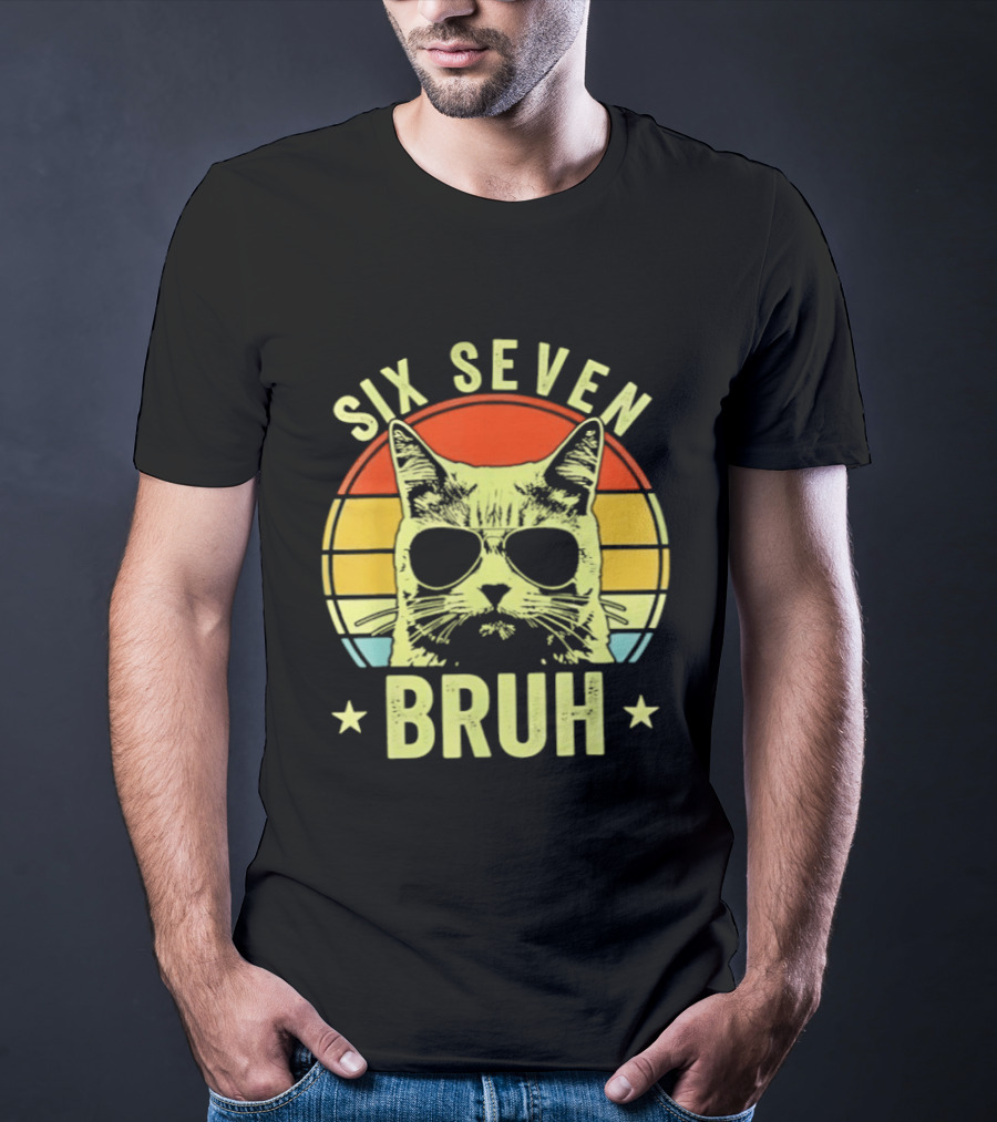 Six Seven Bruh Retro Cat Sunset T-Shirt