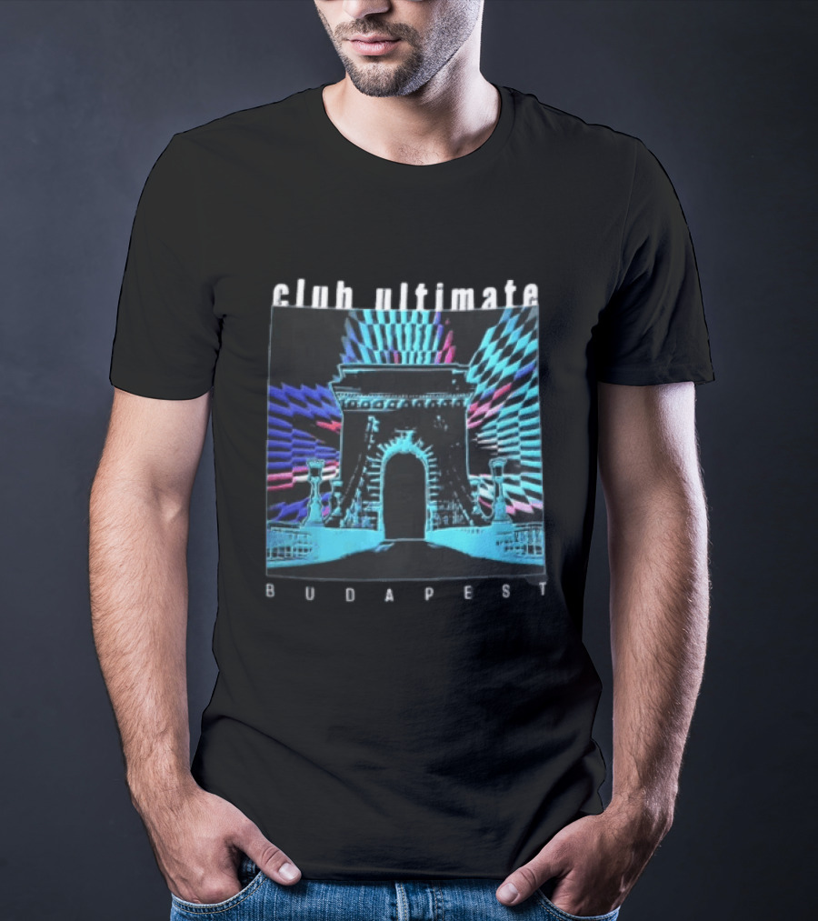 Club Ultimate Budapest Szechenyi Chain Bridge Neon Checkerboard Arch T-Shirt