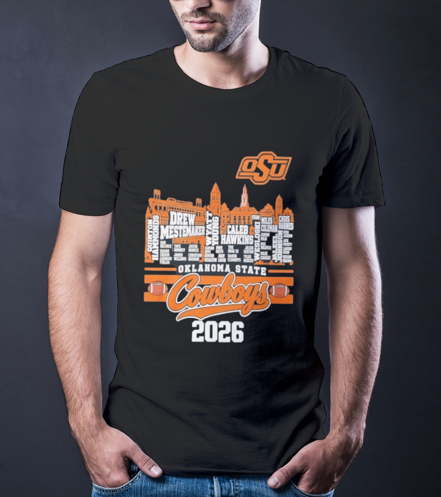 Oklahoma State Cowboys 2026 Player Names Skyline OSU Football T-Shirt