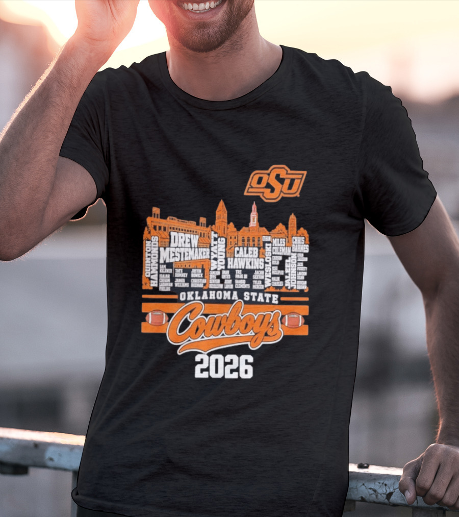 Oklahoma State Cowboys 2026 Player Names Skyline OSU Football T-Shirt