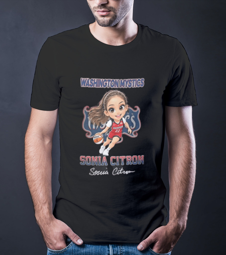 Washington Mystics WNBA Sonia Citron Cartoon Caricature Basketball Player Dribbling T-Shirt