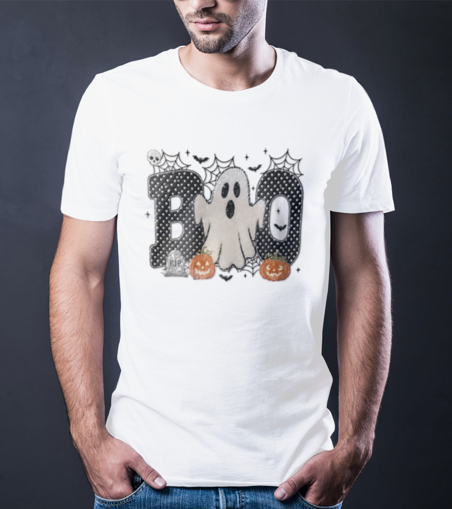 Boo Distressed Ghost Jack O Lanterns Polka Dots Cobwebs T-Shirt