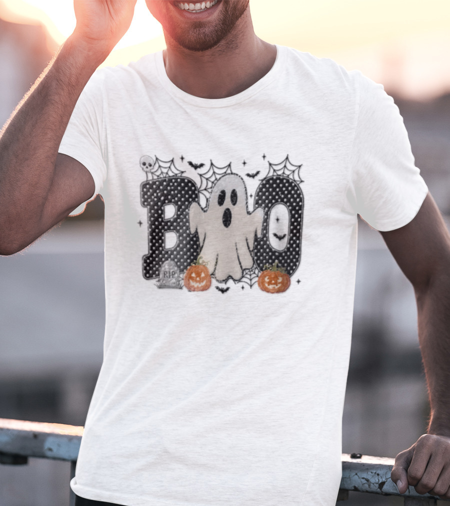 Boo Distressed Ghost Jack O Lanterns Polka Dots Cobwebs T-Shirt