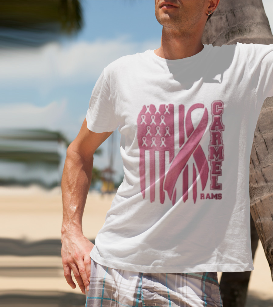 Carmel Rams Pink Ribbon American Flag Breast Cancer Awareness T-Shirt