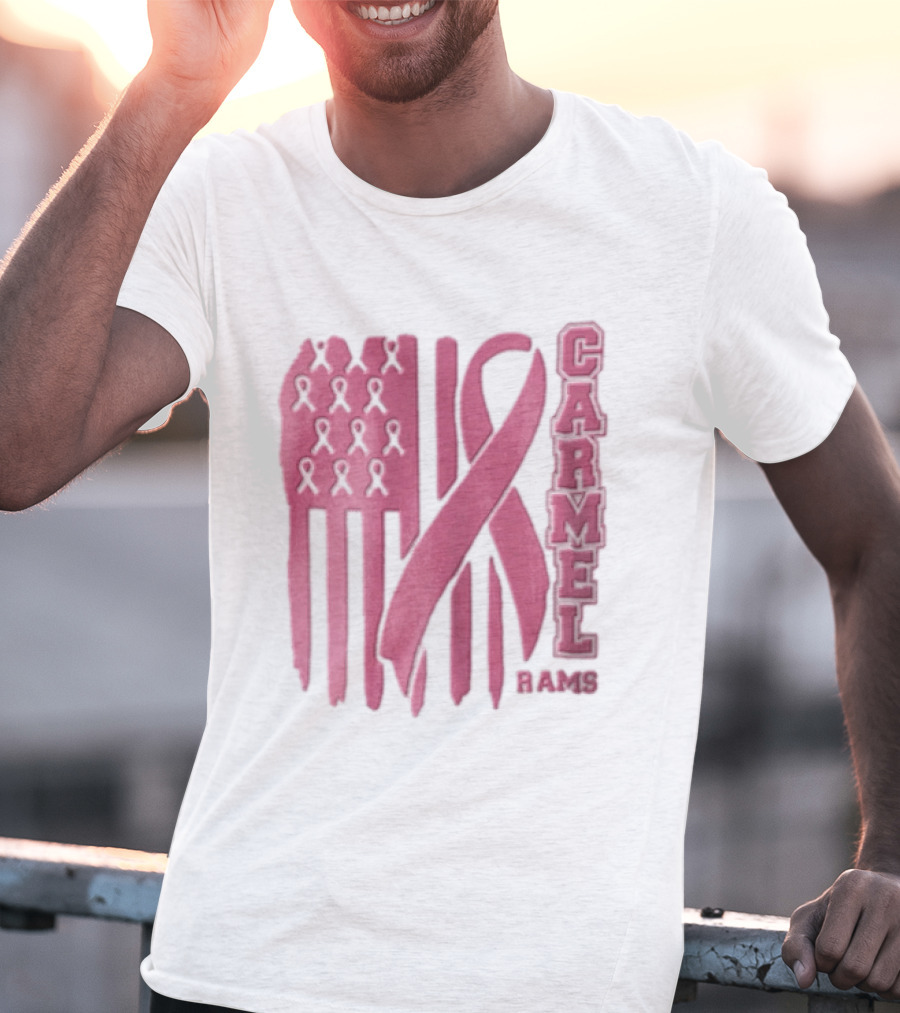 Carmel Rams Pink Ribbon American Flag Breast Cancer Awareness T-Shirt