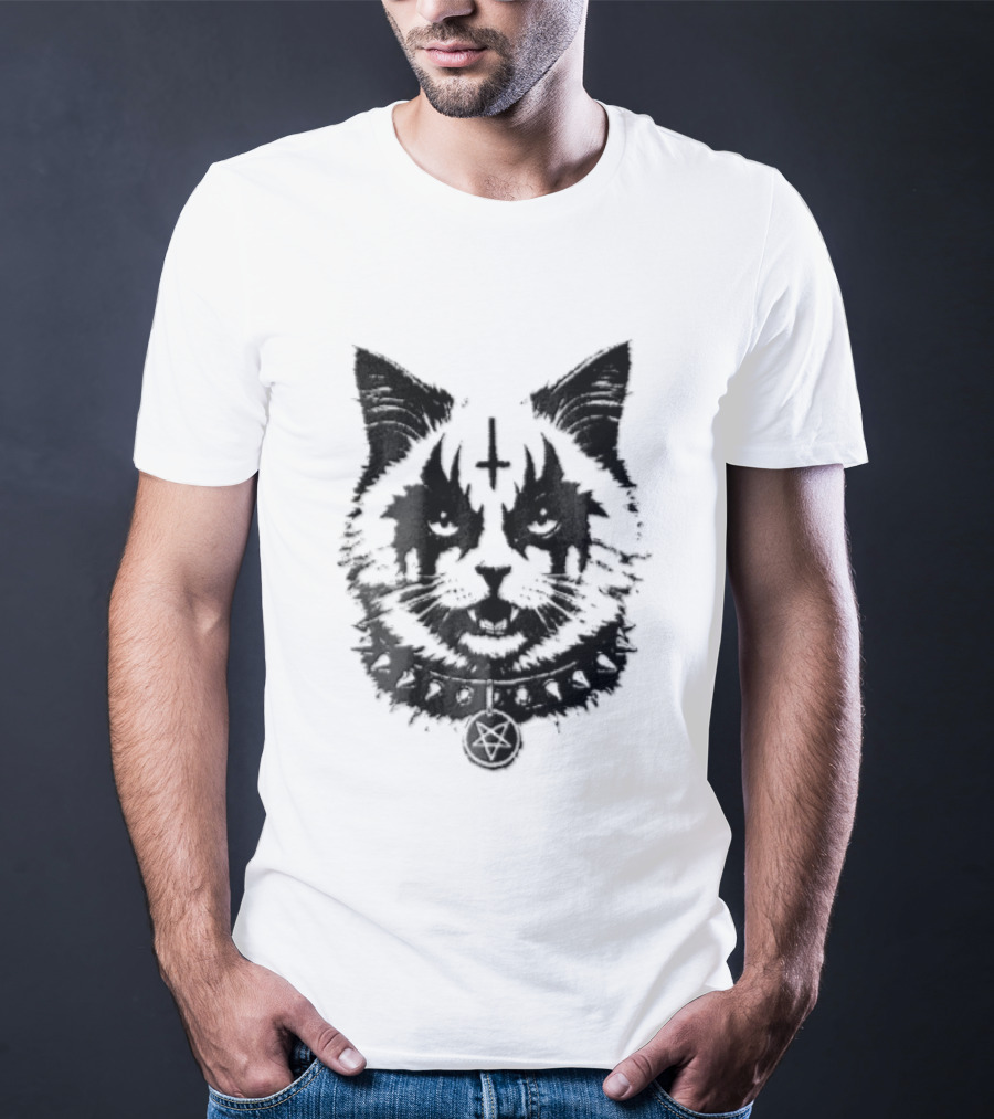 Corpsepaint Inverted Pentagram Monochromatic Cat With Collar T-Shirt