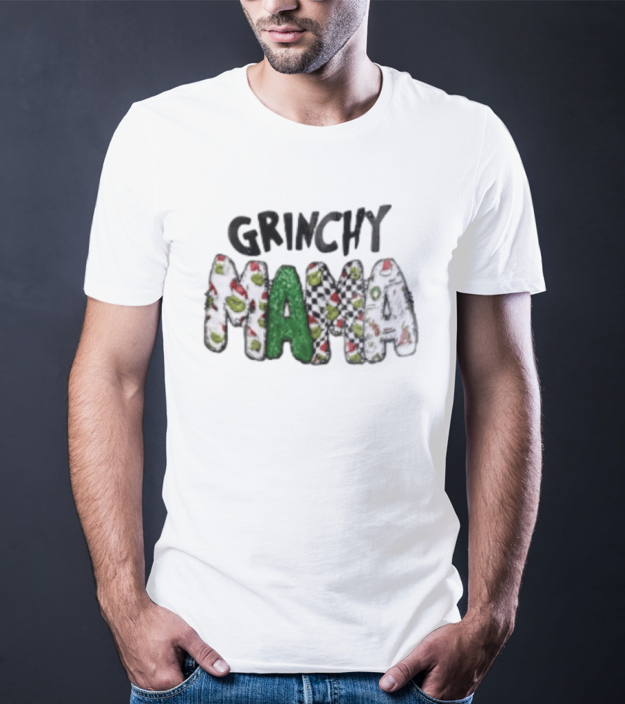 Grinchy Mama Holiday Checkerboard And Santa Hat T-Shirt