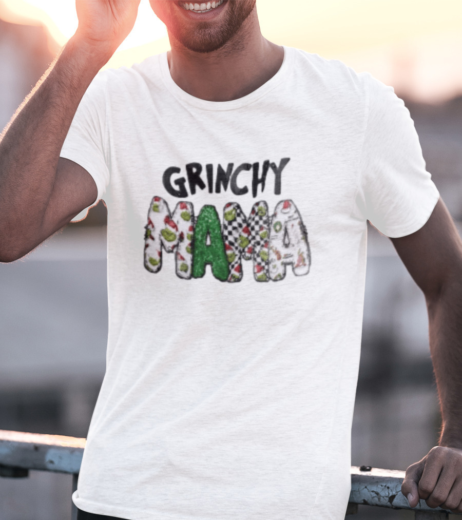 Grinchy Mama Holiday Checkerboard And Santa Hat T-Shirt
