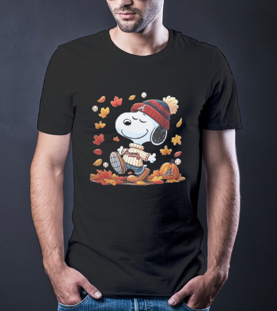 Atlanta Braves Snoopy Walking In Autumn Leaves With Pumpkin Baseballs Cartoon T-Shirt
