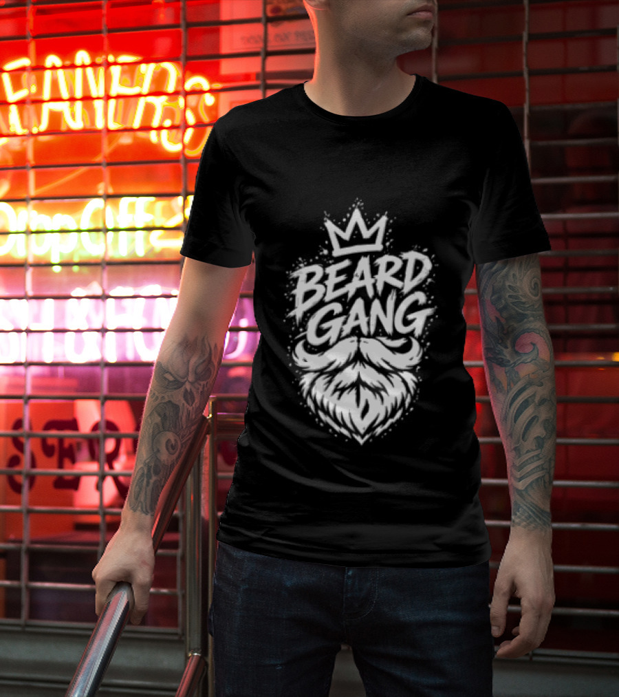 Beard Gang Crown Handlebar Mustache Paint Splatter Bushy Facial Hair T-Shirt