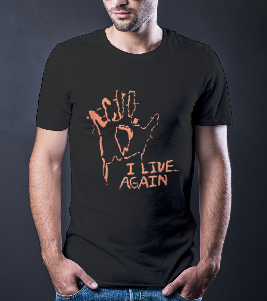 I Live Again Red Spiky Handprint Burning Hole In Palm Distressed Halloween T-Shirt