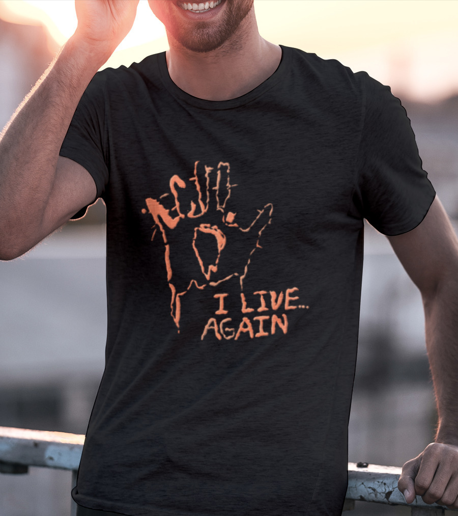 I Live Again Red Spiky Handprint Burning Hole In Palm Distressed Halloween T-Shirt