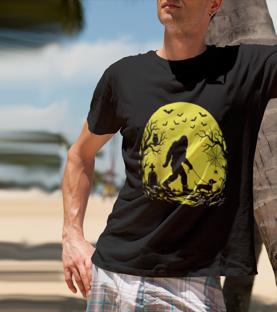 Bigfoot Walking Dachshund Under Full Moon Halloween Night T-Shirt