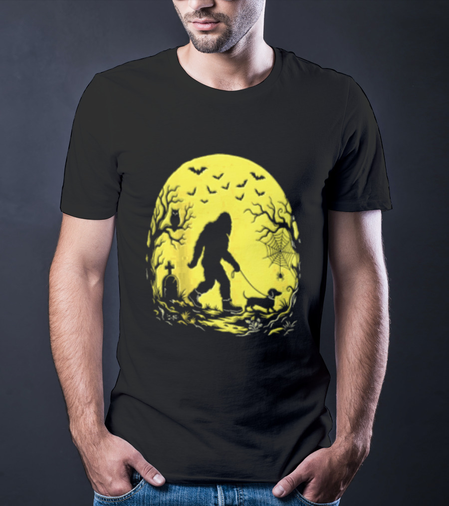 Bigfoot Walking Dachshund Under Full Moon Halloween Night T-Shirt