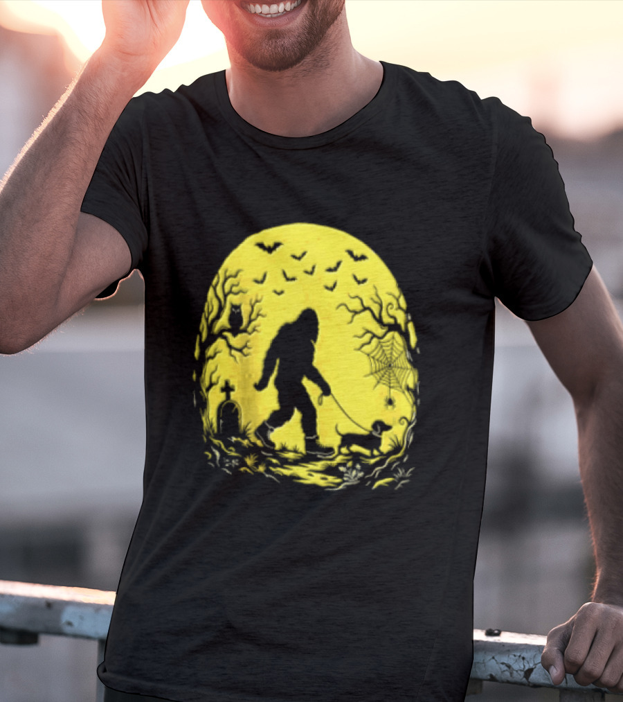 Bigfoot Walking Dachshund Under Full Moon Halloween Night T-Shirt