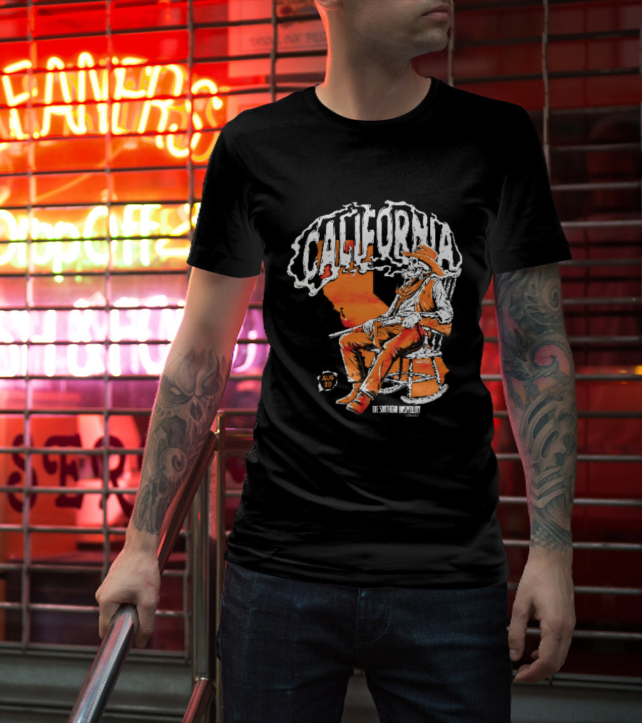 California Skeleton Cowboy Southern Hospitality Tour Aug 20 Rocking Chair Rifle Map T-Shirt