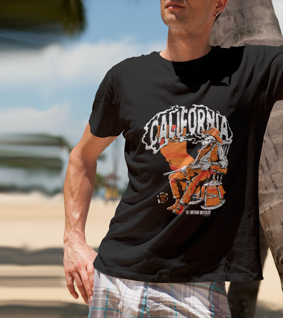 California Skeleton Cowboy Southern Hospitality Tour Aug 20 Rocking Chair Rifle Map T-Shirt