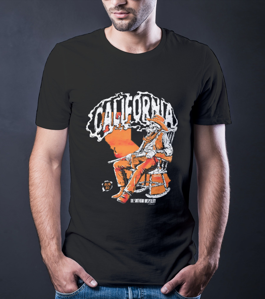 California Skeleton Cowboy Southern Hospitality Tour Aug 20 Rocking Chair Rifle Map T-Shirt