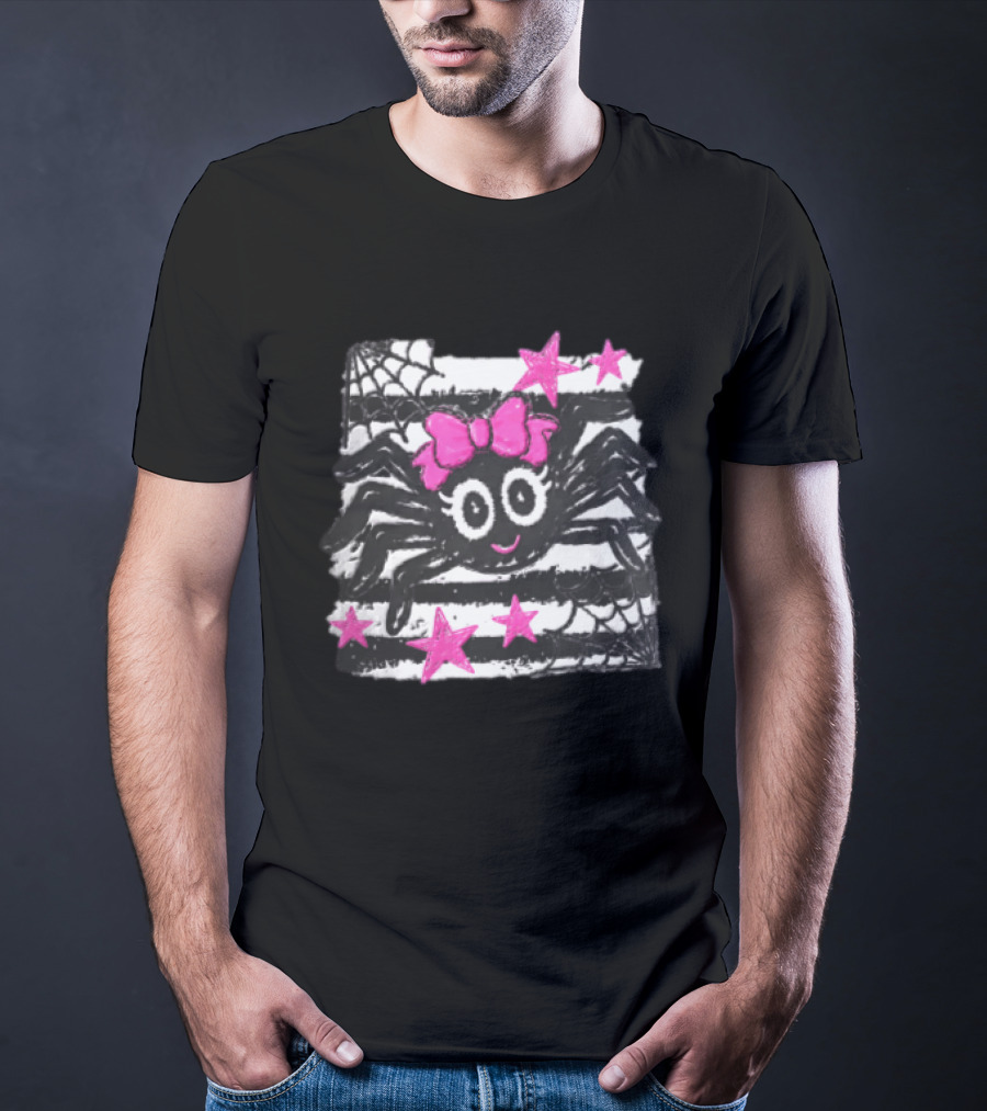 Cartoon Black Spider Big Eyes Pink Bow Stripes Webs Stars T-Shirt
