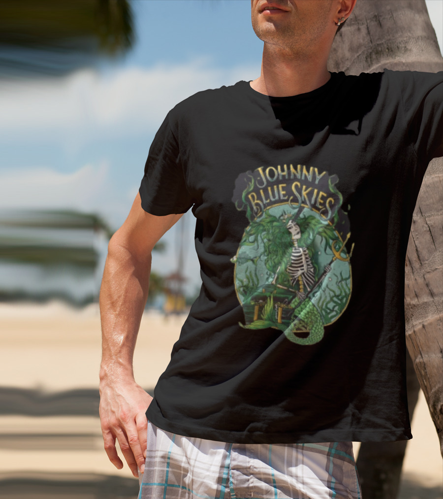 Johnny Blue Skies Skeleton Mermaid Adventure With Trident And Treasure T-Shirt