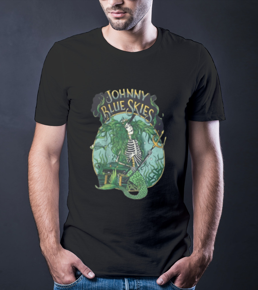 Johnny Blue Skies Skeleton Mermaid Adventure With Trident And Treasure T-Shirt