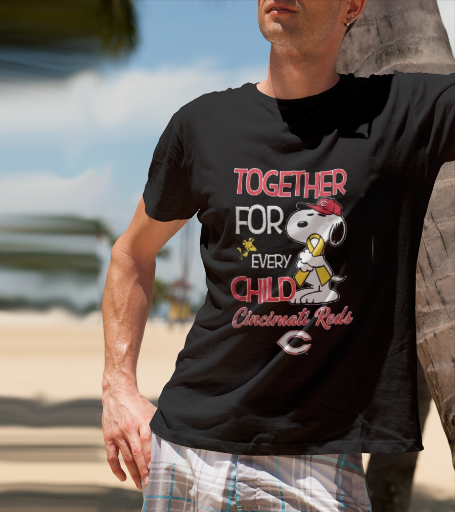 TOGETHER FOR EVERY CHILD Cincinnati Reds Snoopy Woodstock Yellow Ribbon T-Shirt