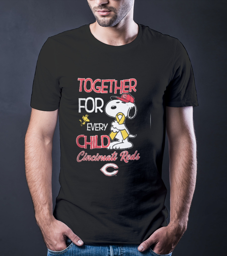 TOGETHER FOR EVERY CHILD Cincinnati Reds Snoopy Woodstock Yellow Ribbon T-Shirt