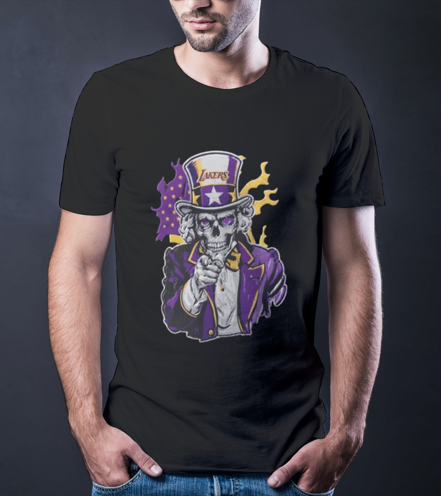 Los Angeles Lakers Skeleton Uncle Sam Purple Flames T-Shirt