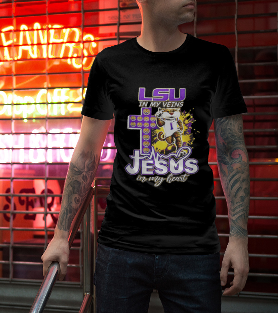 LSU In My Veins Jesus In My Heart Tiger Purple Cross EKG T-Shirt