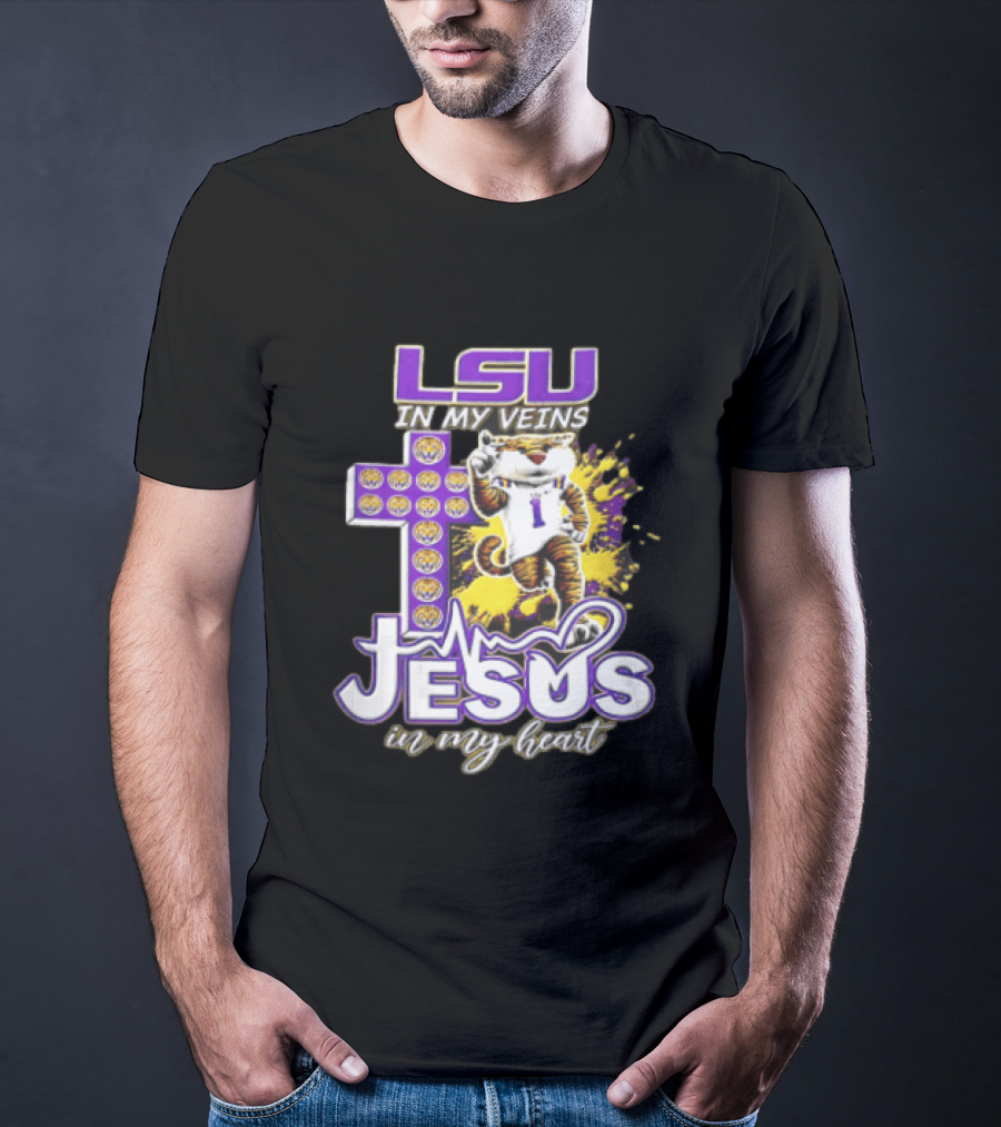 LSU In My Veins Jesus In My Heart Tiger Purple Cross EKG T-Shirt