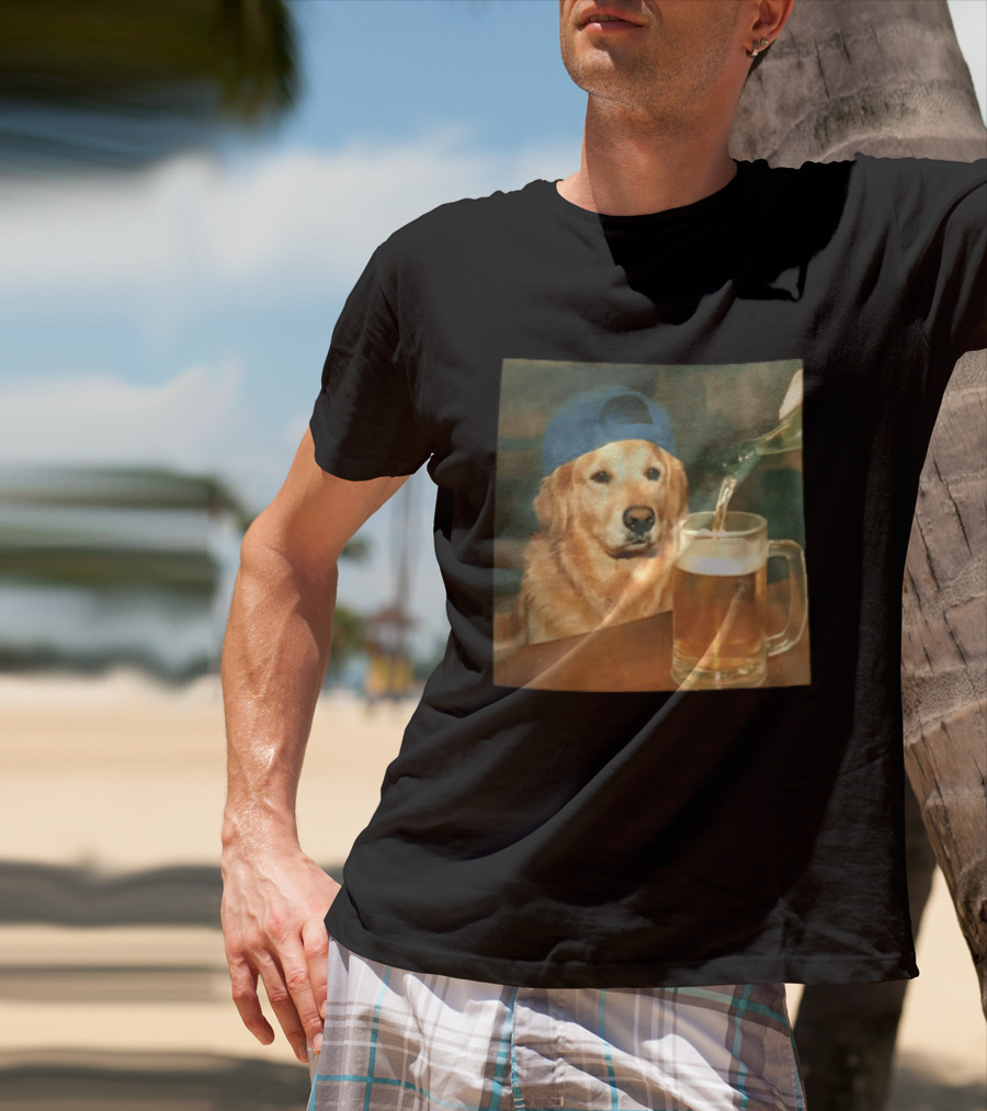 Golden Retriever Backward Cap Beer Pouring Scene T-Shirt