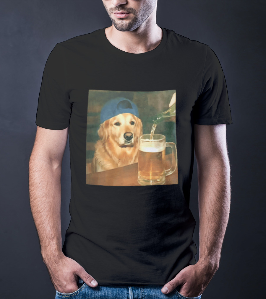 Golden Retriever Backward Cap Beer Pouring Scene T-Shirt